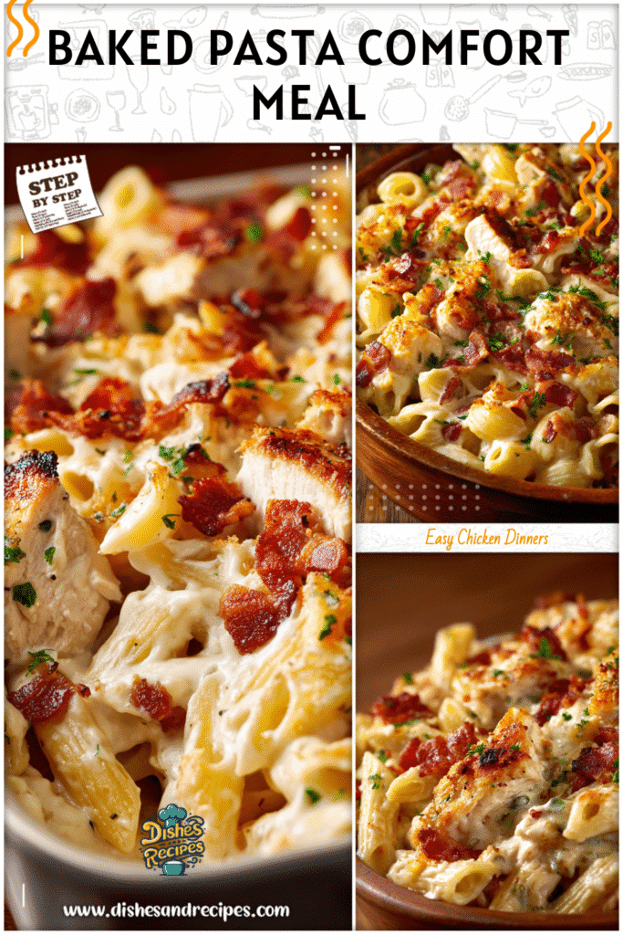 Creamy baked pasta with chicken, ranch sauce, and crispy bacon baked golden for a cozy meal.